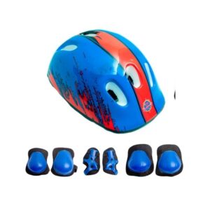 Capacete De Patins Kit Proteção Infantil Esportivo  Patins Patinete Bike Skate 7 Pçs Azul e Vermelho