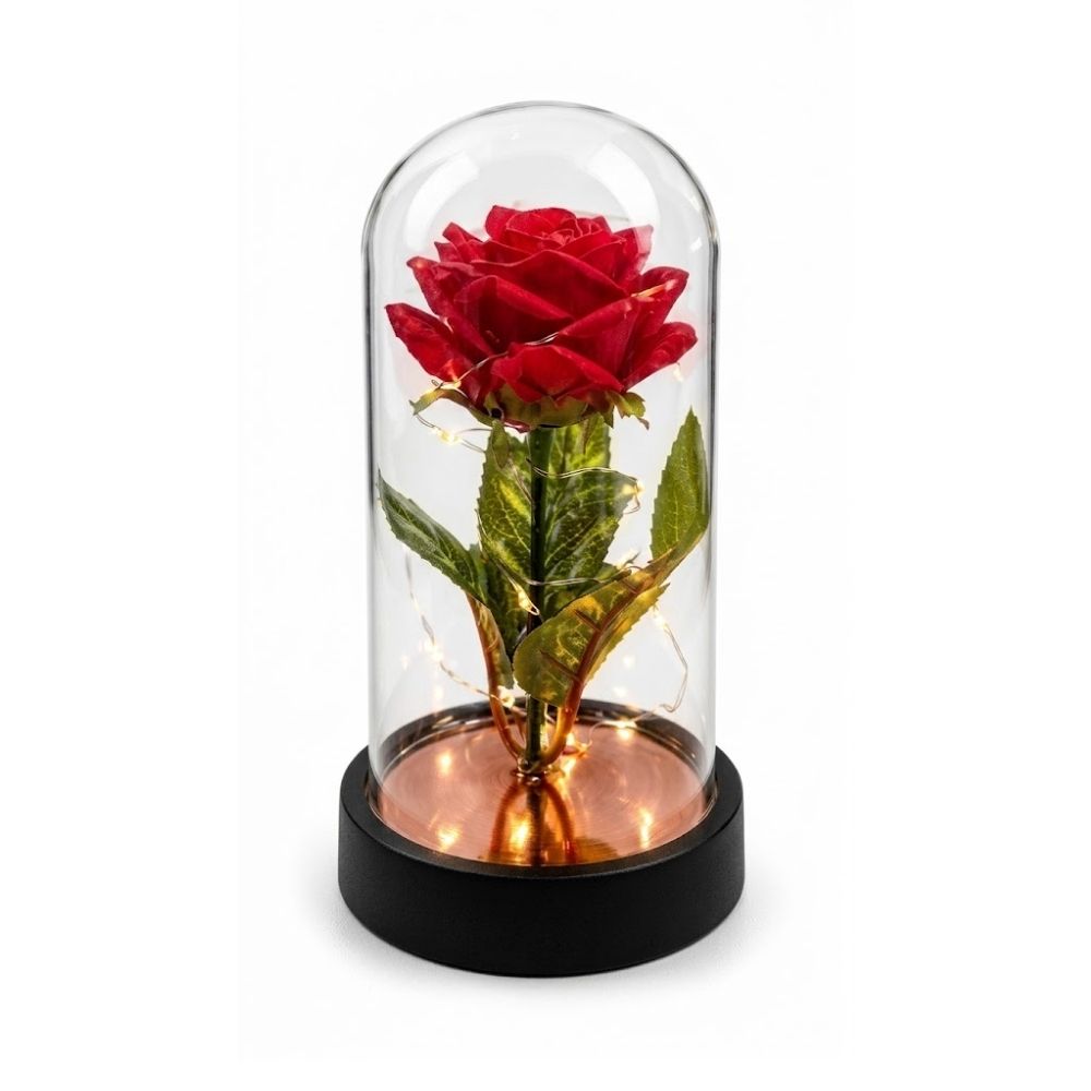 Luminária Rosa Encantada Na Cúpula De Vidro Com Led Presente Namorados Decoração Romântica