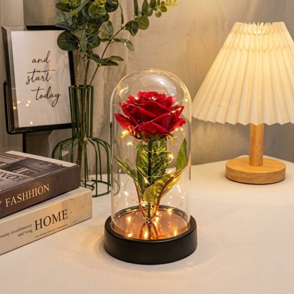 Luminária Rosa Encantada Na Cúpula De Vidro Com Led Presente Namorados Decoração Romântica - Imagem 3