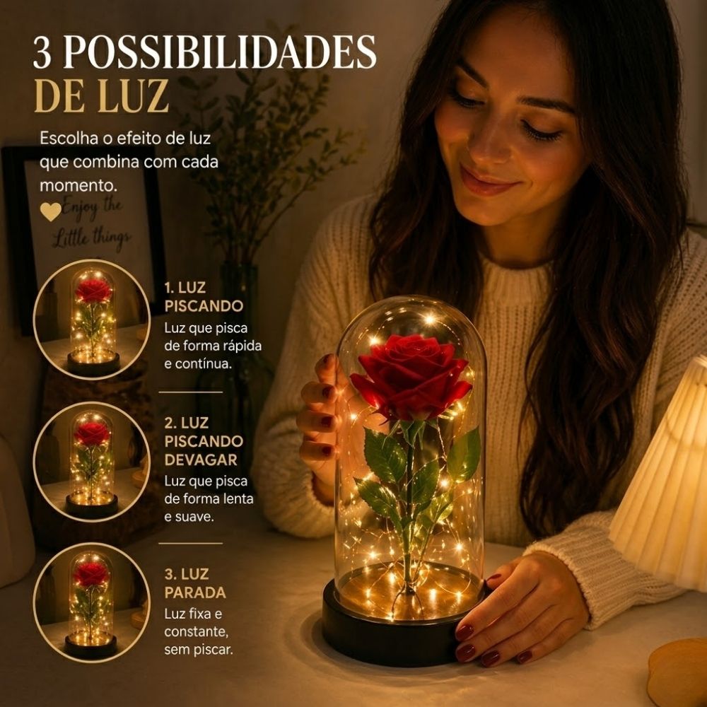 Luminária Rosa Encantada Na Cúpula De Vidro Com Led Presente Namorados Decoração Romântica - Imagem 2