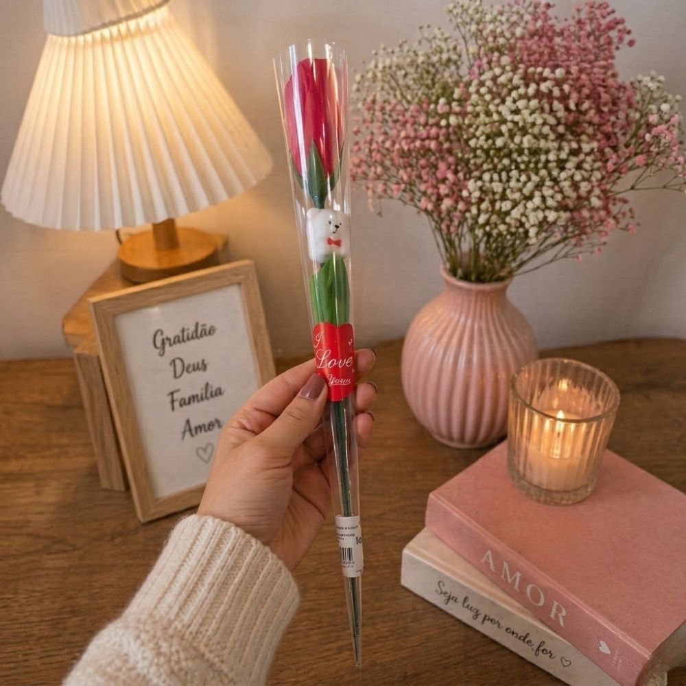 Rosa Artificial com Ursinho Com Embalagem Vermelha - Imagem 3