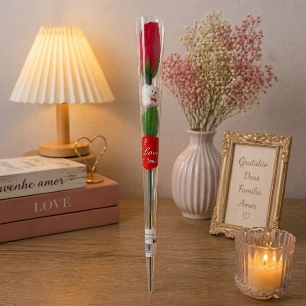 Rosa Artificial com Ursinho Com Embalagem Vermelha - Imagem 2