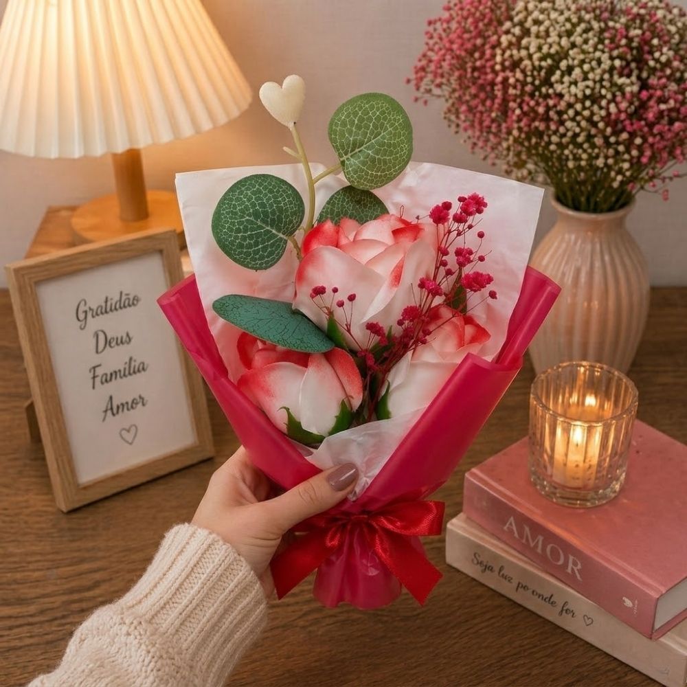 Buquê Decorativo Com Rosa Artificial 24cm Vermelha - Imagem 2