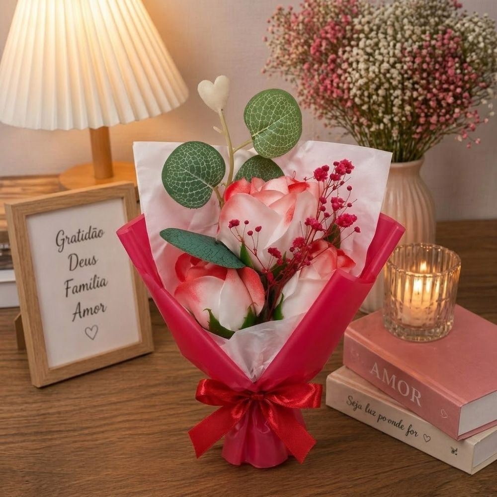 Buquê Decorativo Com Rosa Artificial 24cm Vermelha - Imagem 3