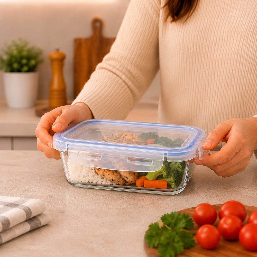 Kit 8 Potes Vidro com Tampa Hermética 640ml Retangular Transparente Refratário Marmita Mantimentos - Imagem 2