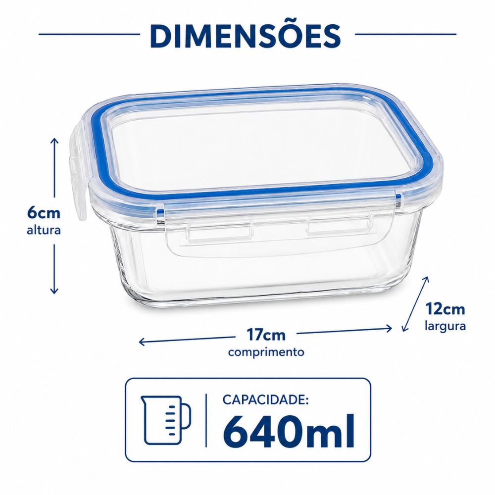 Kit 5 Potes Vidro com Tampa Hermética 640ml Retangular Transparente Refratário Marmita e Mantimentos - Imagem 4