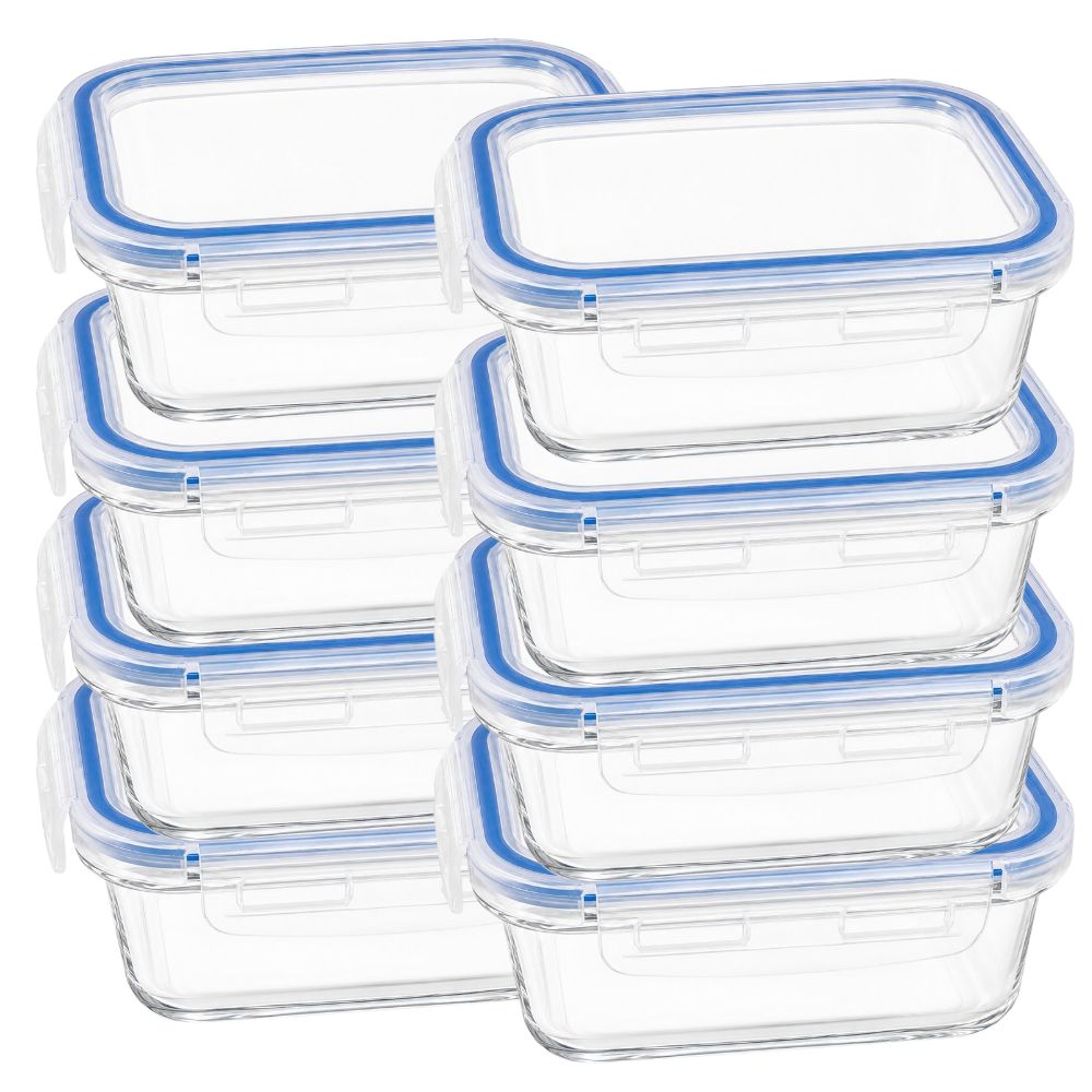 Kit 8 Potes Vidro com Tampa Hermética 640ml Retangular Transparente Refratário Marmita Mantimentos