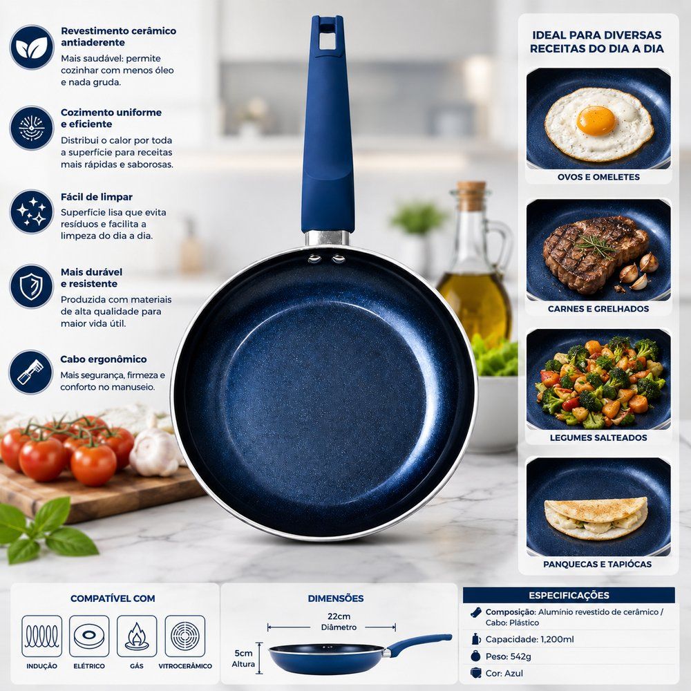 Frigideira Antiaderente com Revestimento Cerâmica 22cm Azul para Fogão Cooktop Indução e Gás - Imagem 4
