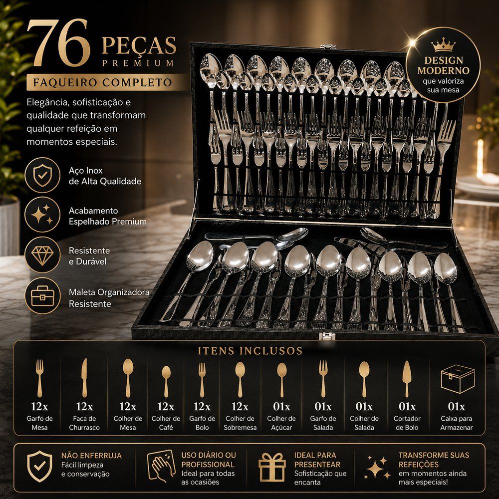 Kit Faqueiro Maleta De Talheres Inox 76 Peças Completo Designer Lindo E Elegante - Imagem 4