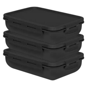 Kit 3 Pote Marmita com Tampa Hermética com Divisória Retangular Plástico 800ml Preto