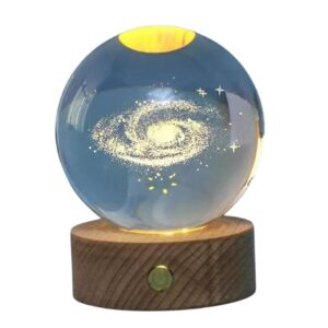 Luminária de Mesa Bola Cristal Led Planeta Terra Galáxia Sistema Solar Base Madeira