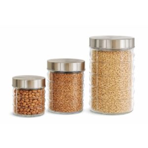 Kit 3 Potes Vidro Transparente com Tampa Inox para Mantimentos Temperos