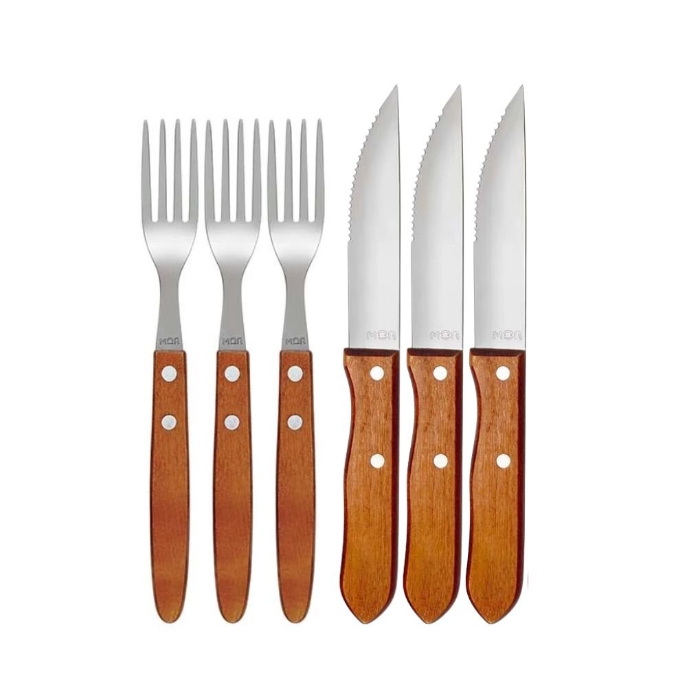 Jogo de Talheres Para Churrasco 6 Peças Garfos Facas Colheres Grelha BBQ Madeira Inox