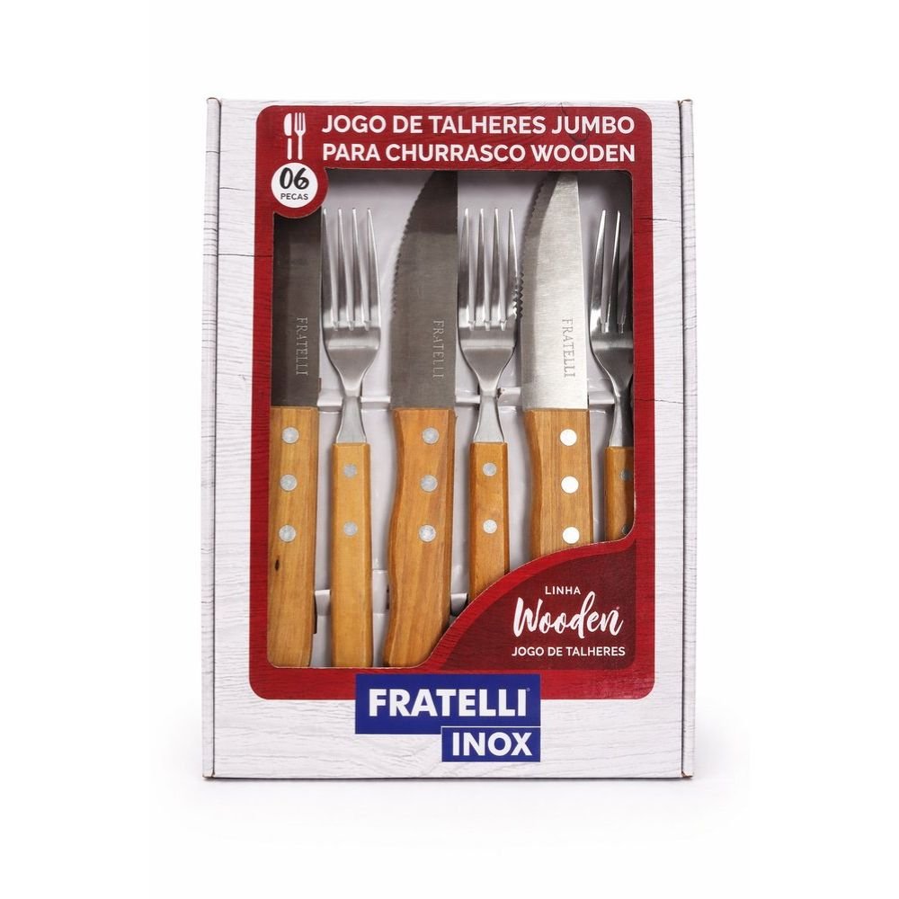 Jogo de Talheres Para Churrasco 6 Peças Garfos Facas Colheres Grelha BBQ Madeira Inox - Imagem 2