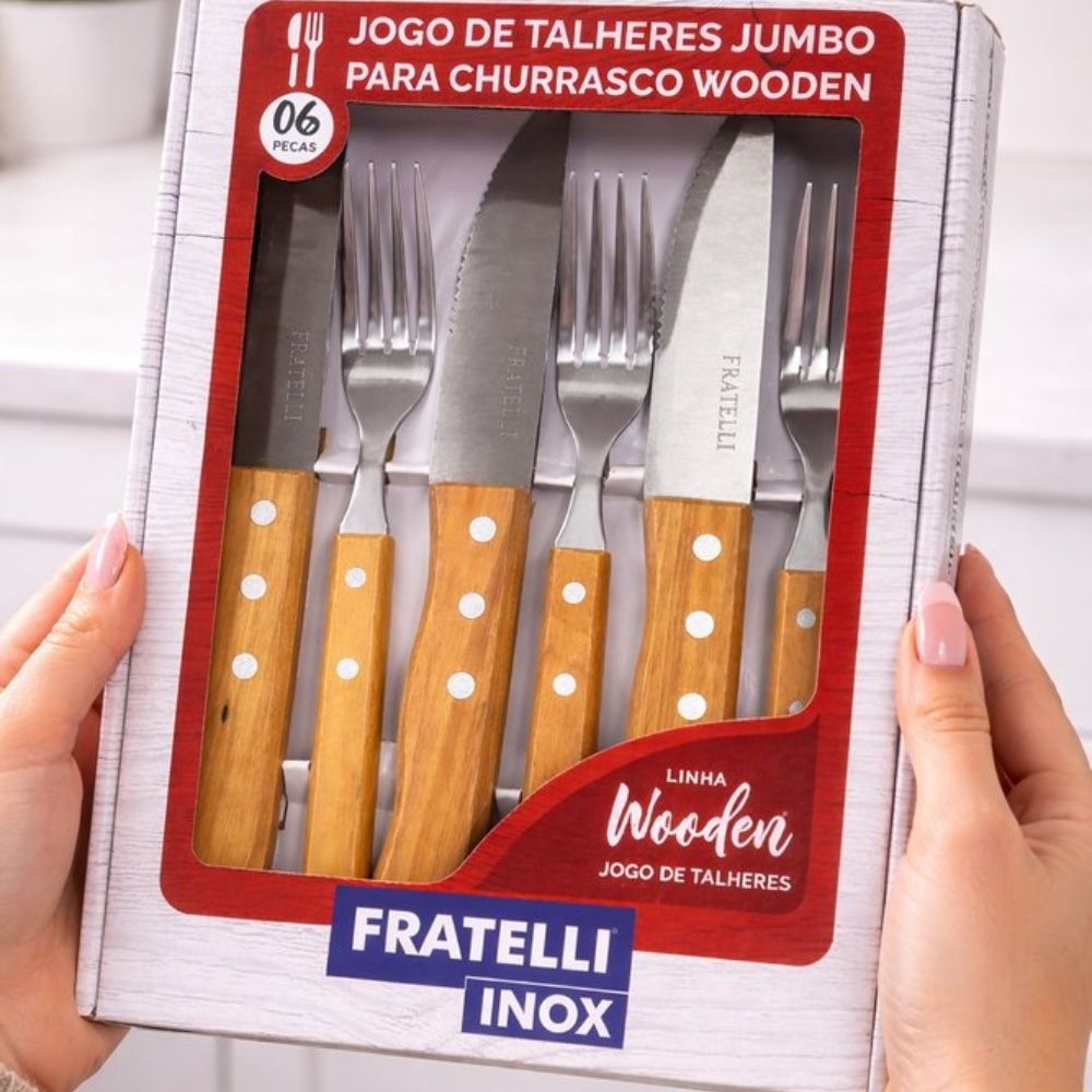 Jogo de Talheres Para Churrasco 6 Peças Garfos Facas Colheres Grelha BBQ Madeira Inox - Imagem 4