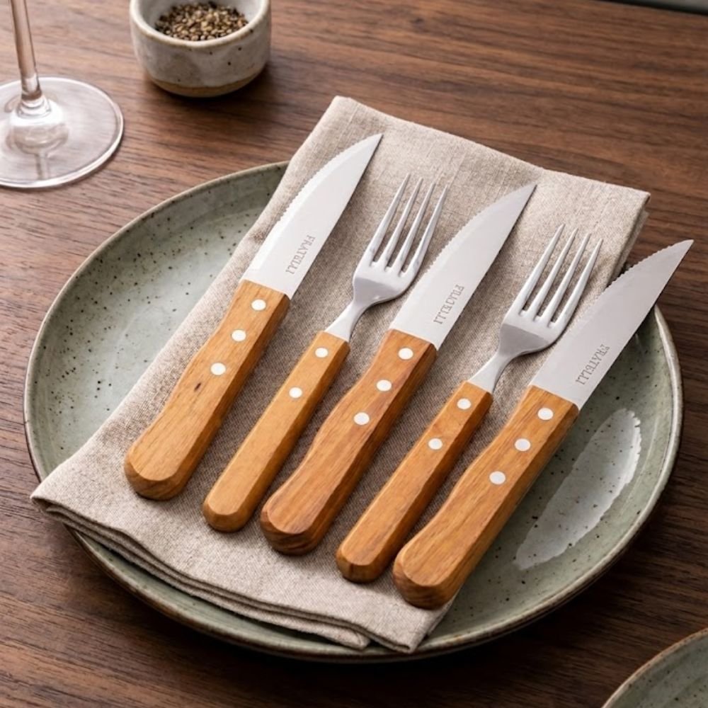 Jogo de Talheres Para Churrasco 6 Peças Garfos Facas Colheres Grelha BBQ Madeira Inox - Imagem 3
