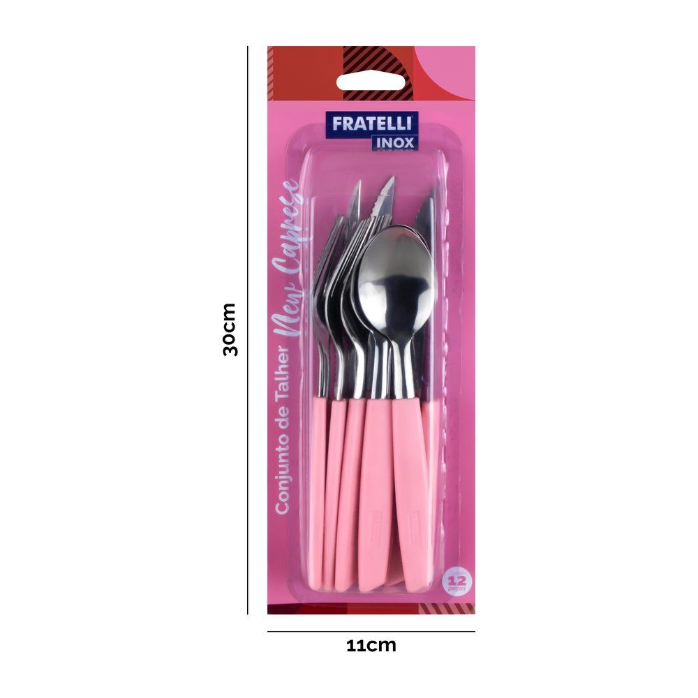 Jogo de Talheres 12 Peças Inox com Garfos Facas Colheres Rosa - Imagem 3