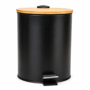 Lixeira com Pedal 5 Litros Black Bull Tampa Bambu Redonda e Balde Removível