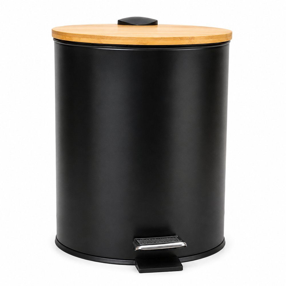 Lixeira com Pedal 5 Litros Black Bull Tampa Bambu Redonda e Balde Removível
