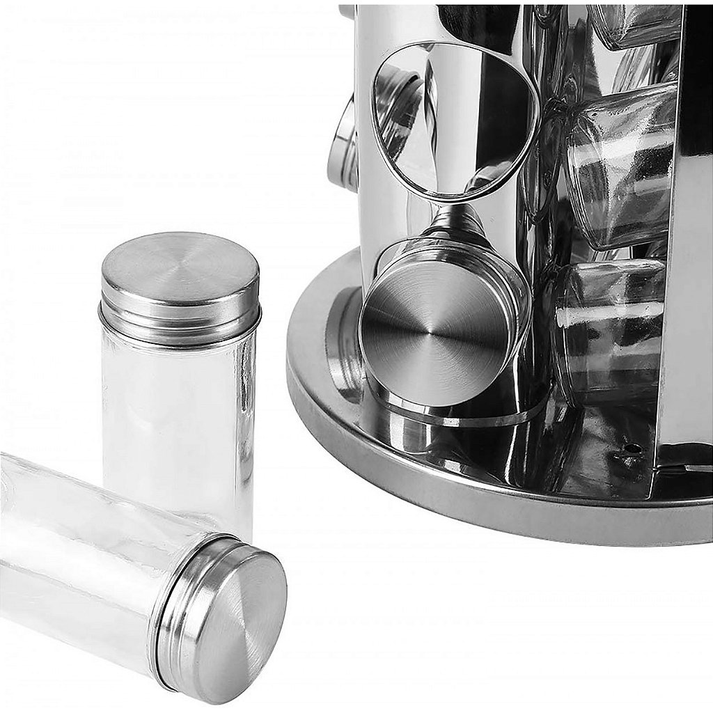 Porta Tempero Giratório Inox 12 Potes Vidro Suporte Condimentos - Imagem 4