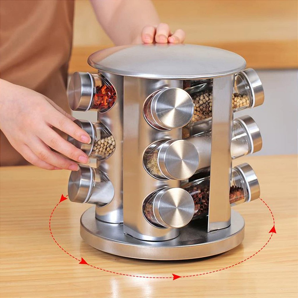 Porta Tempero Giratório Inox 12 Potes Vidro Suporte Condimentos - Imagem 5