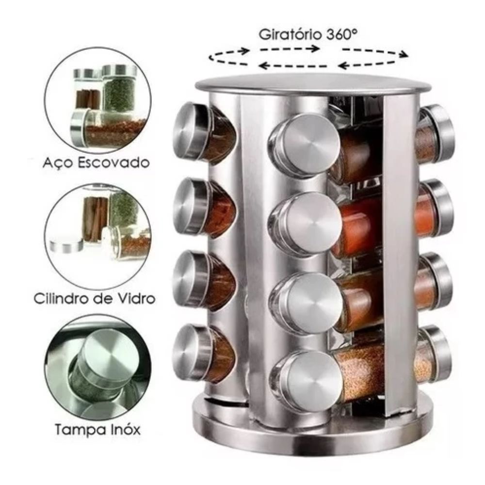 Porta Tempero Giratório Inox Redondo 16 Potes Vidro Suporte Condimentos - Imagem 2