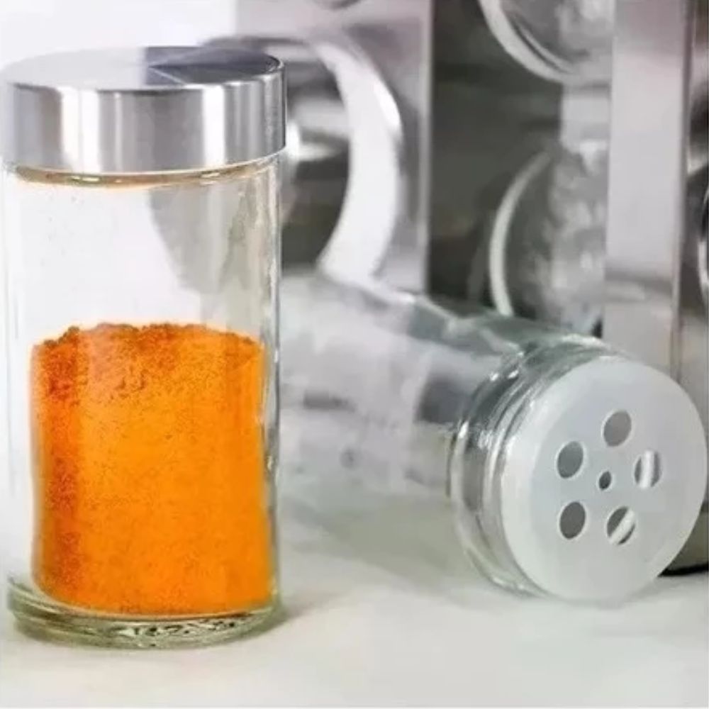 Porta Tempero Giratório Inox Redondo 16 Potes Vidro Suporte Condimentos - Imagem 4