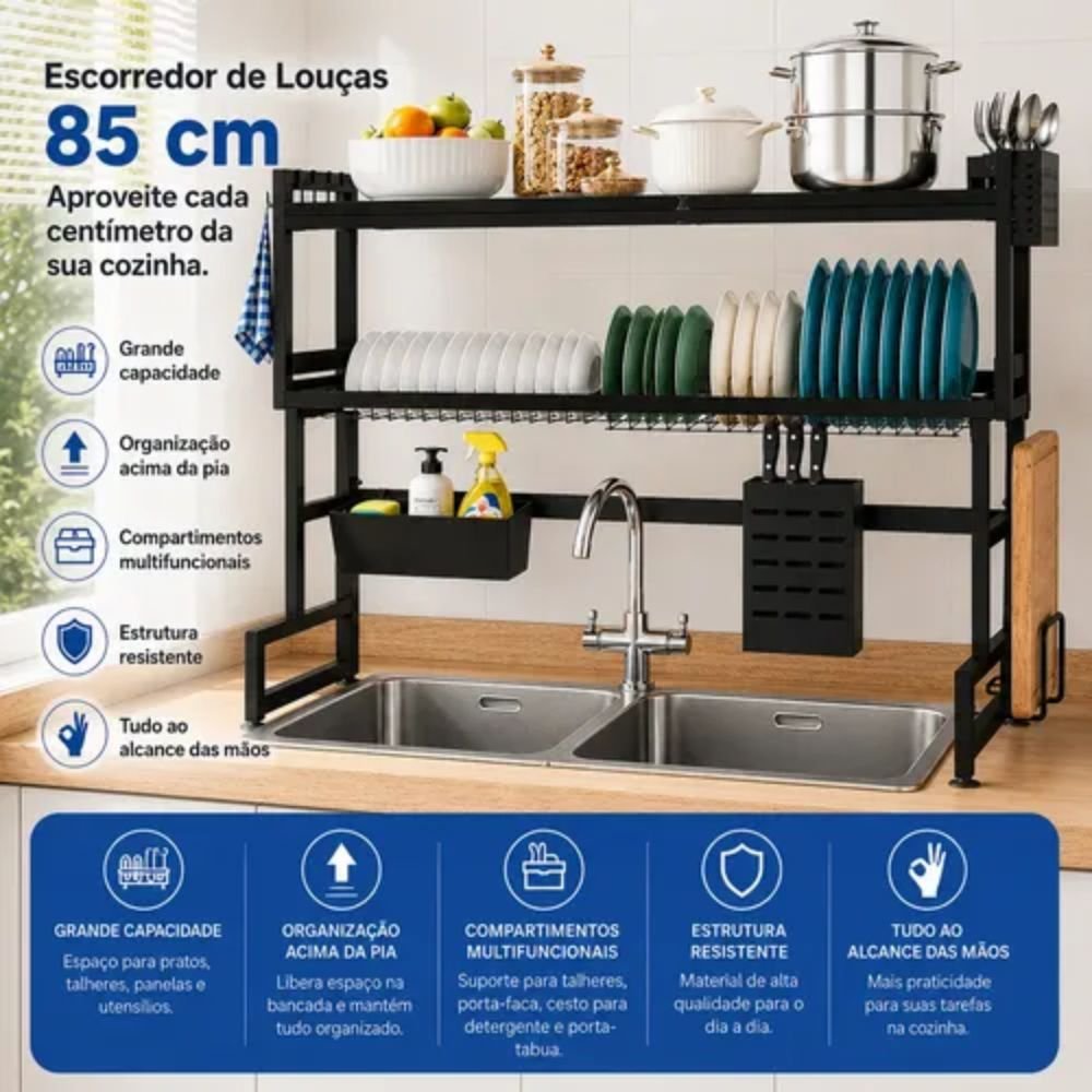 Escorredor de Louça Suspenso 85cm Inox Pia Organizador Cozinha Suporte Pratos - Imagem 3