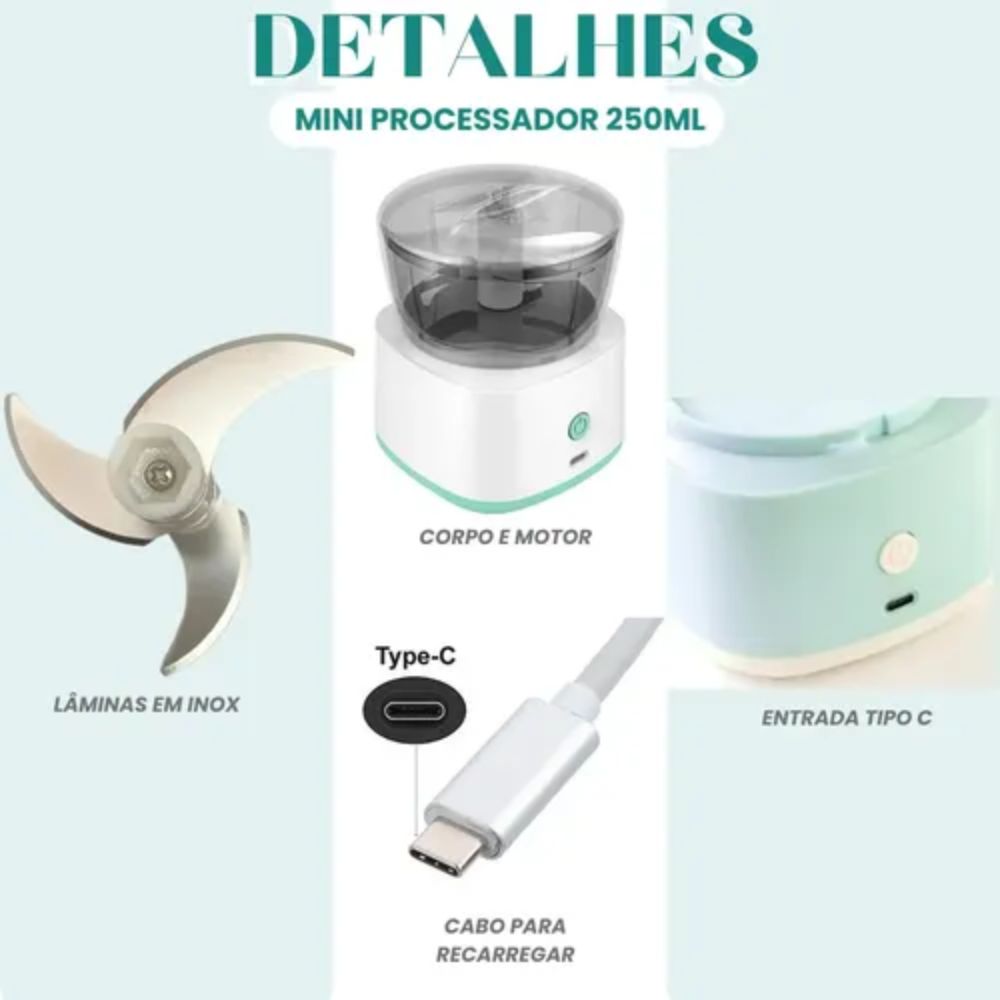Triturador Elétrico de Alimentos 250ml Usb Recarregável Alho Legumes Carne - Imagem 4