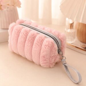 Bolsa Necessaire de Pelúcia com Zíper para Cosméticos e Acessórios Uso Diário