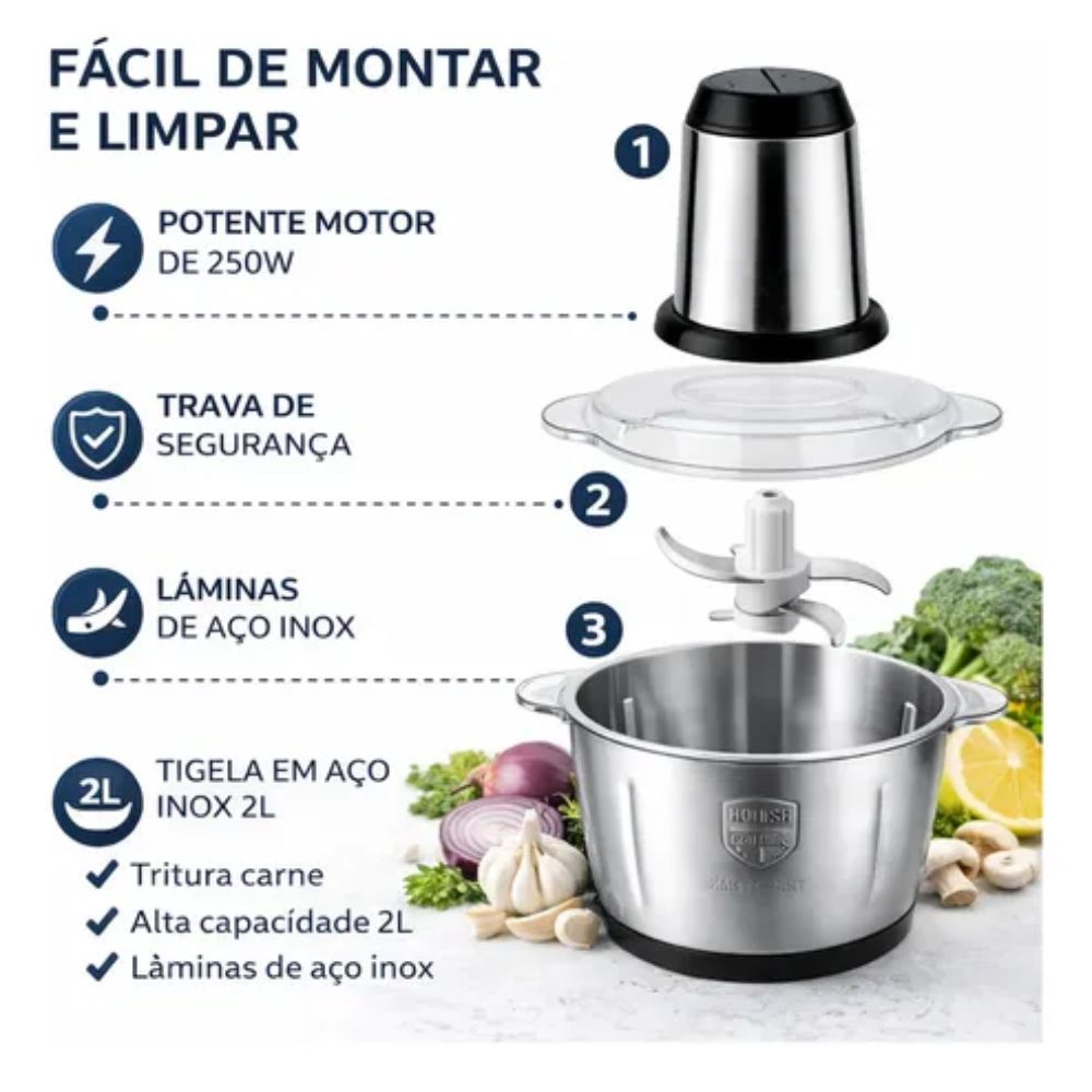 Triturador Processador de Alimentos Mixer Elétrico 2l 110v Transparente - Imagem 8