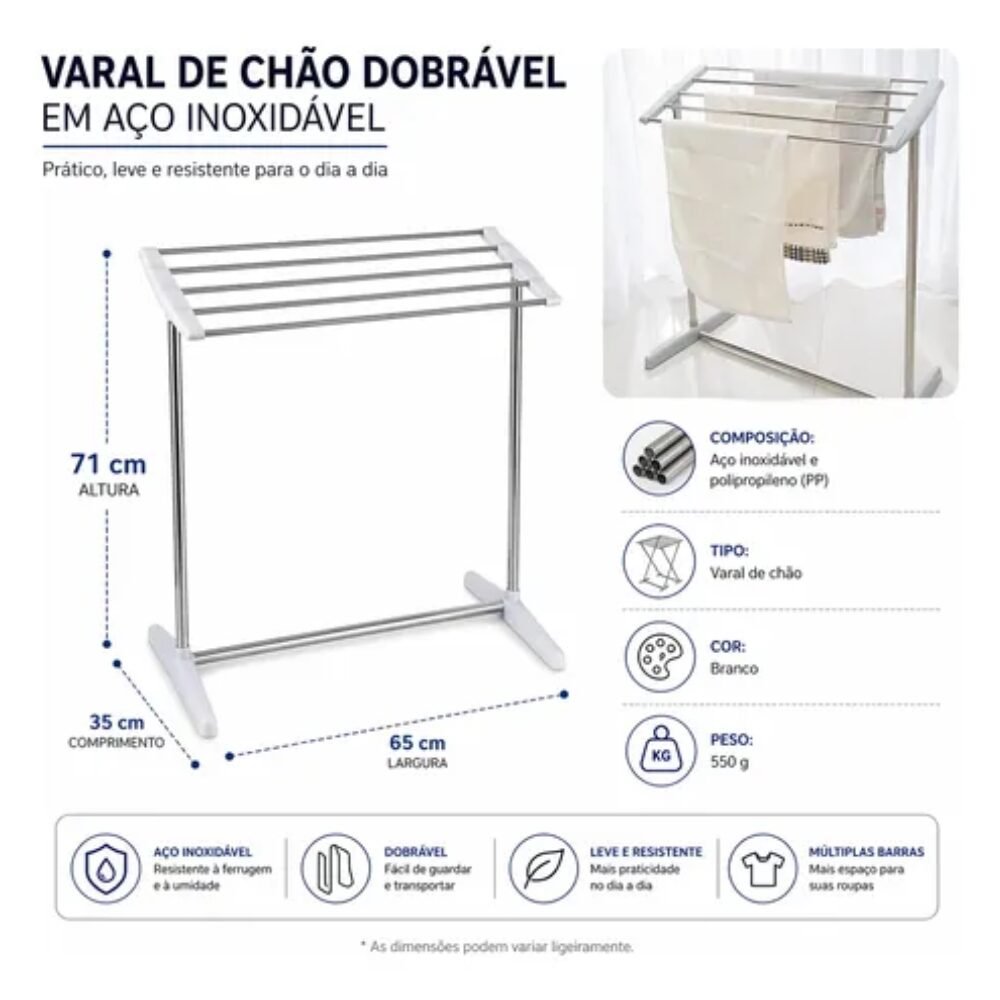 Varal de Chão Compacto Dobrável para Apartamento Lavanderia Inox Compacto - Imagem 8