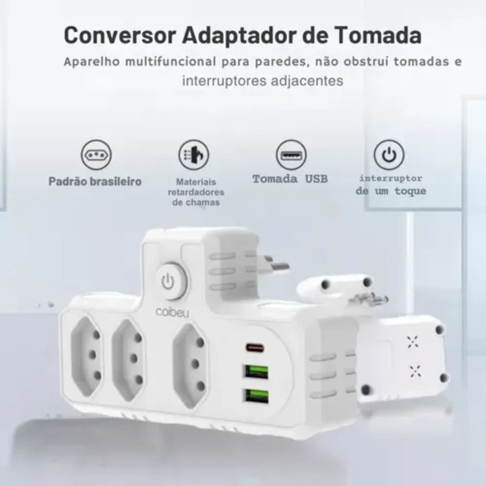 Filtro Extensor Tomada 3 Pinos 2 Usb 1 Tipo C Carregador Rápido Bivolt - Imagem 7