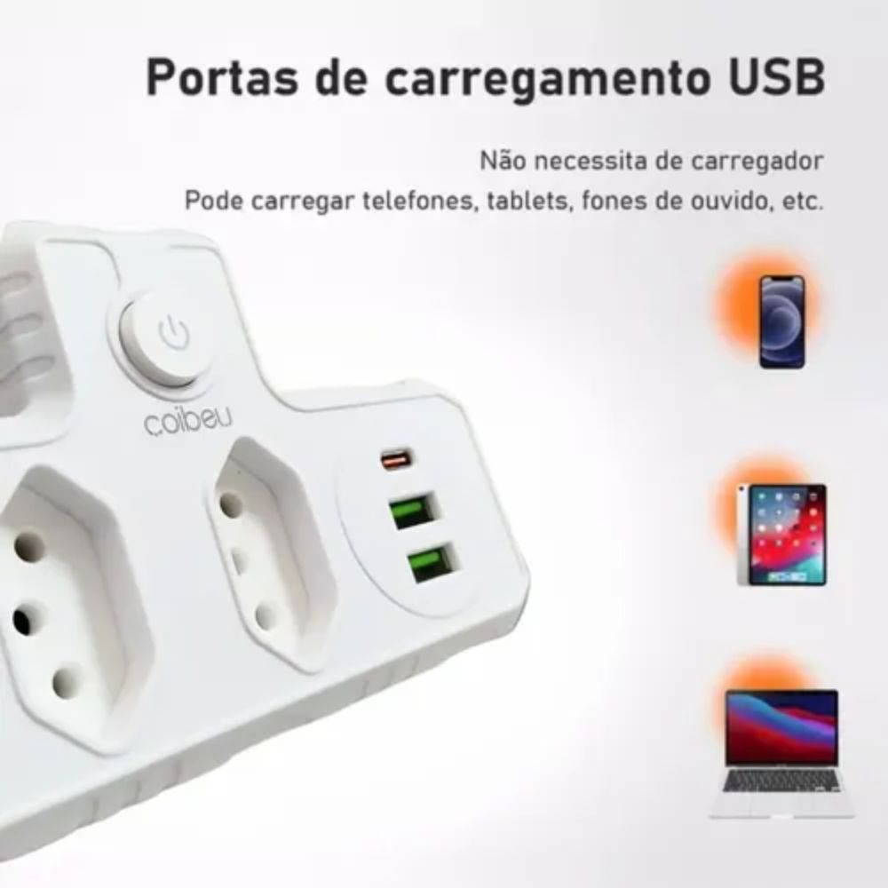 Filtro Extensor Tomada 3 Pinos 2 Usb 1 Tipo C Carregador Rápido Bivolt - Imagem 8