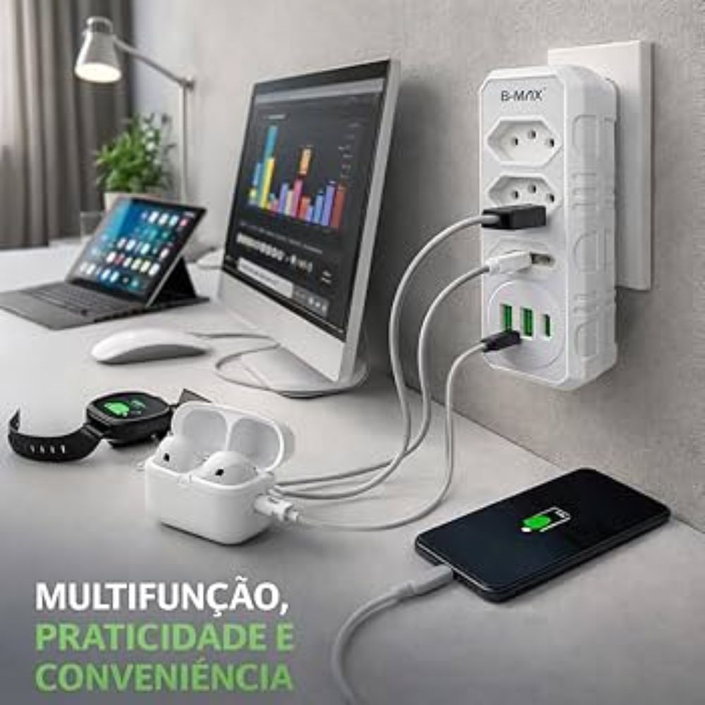 Benjamin Adaptador de Tomada Triplo 10a 2 Usb 1 Tipo C Bivolt Carregador - Imagem 7