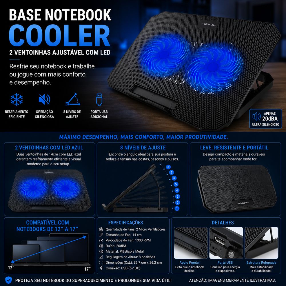Base Cooler Notebook 2 Ventoinhas Led Ajustável Usb 12 a 17 Polegadas - Imagem 4