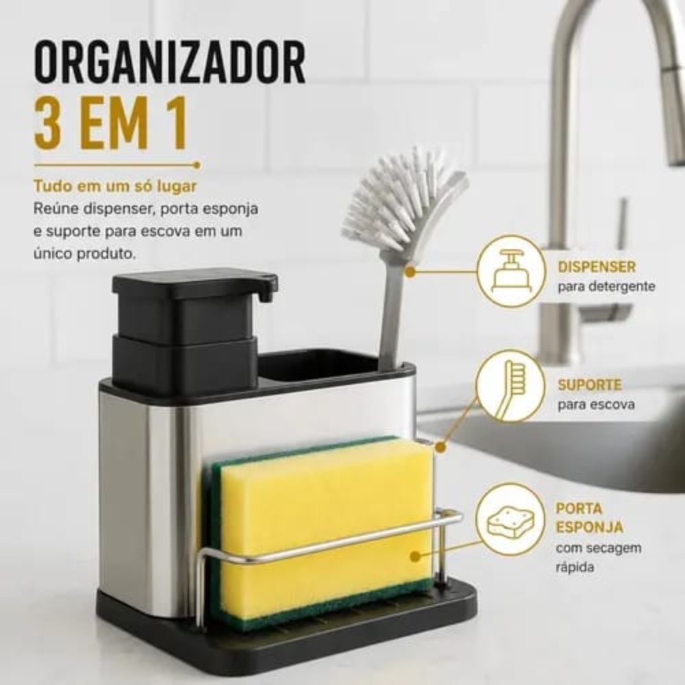 Dispenser de Detergente 3 em 1 Aço Inox Porta Esponja Escorredor Compacto - Imagem 4