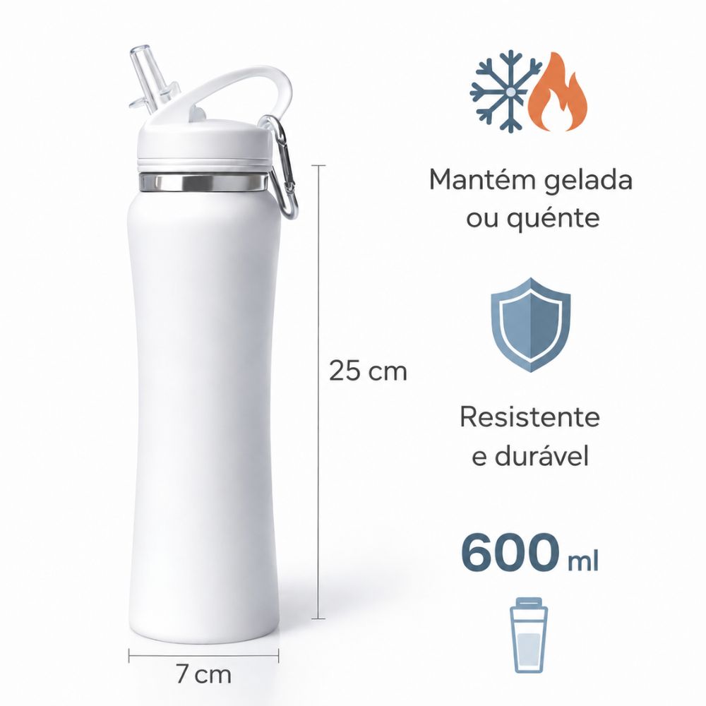 Garrafa Térmica Inox 600ml Parede Dupla Mosquetão Tampa Rosqueável Compacta - Imagem 3