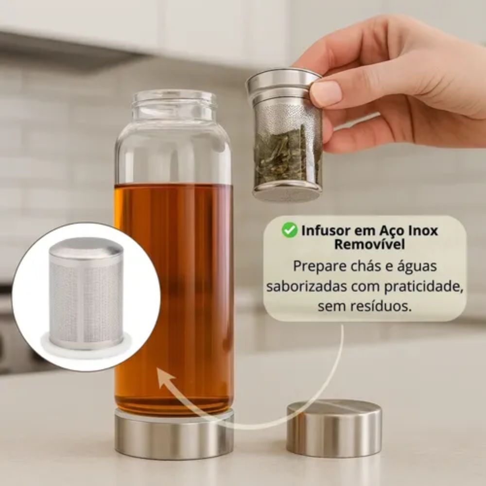 Garrafa de Vidro Squeeze Infusor Inox Neoprene 550ml Ervas Chás Alimentos - Imagem 10