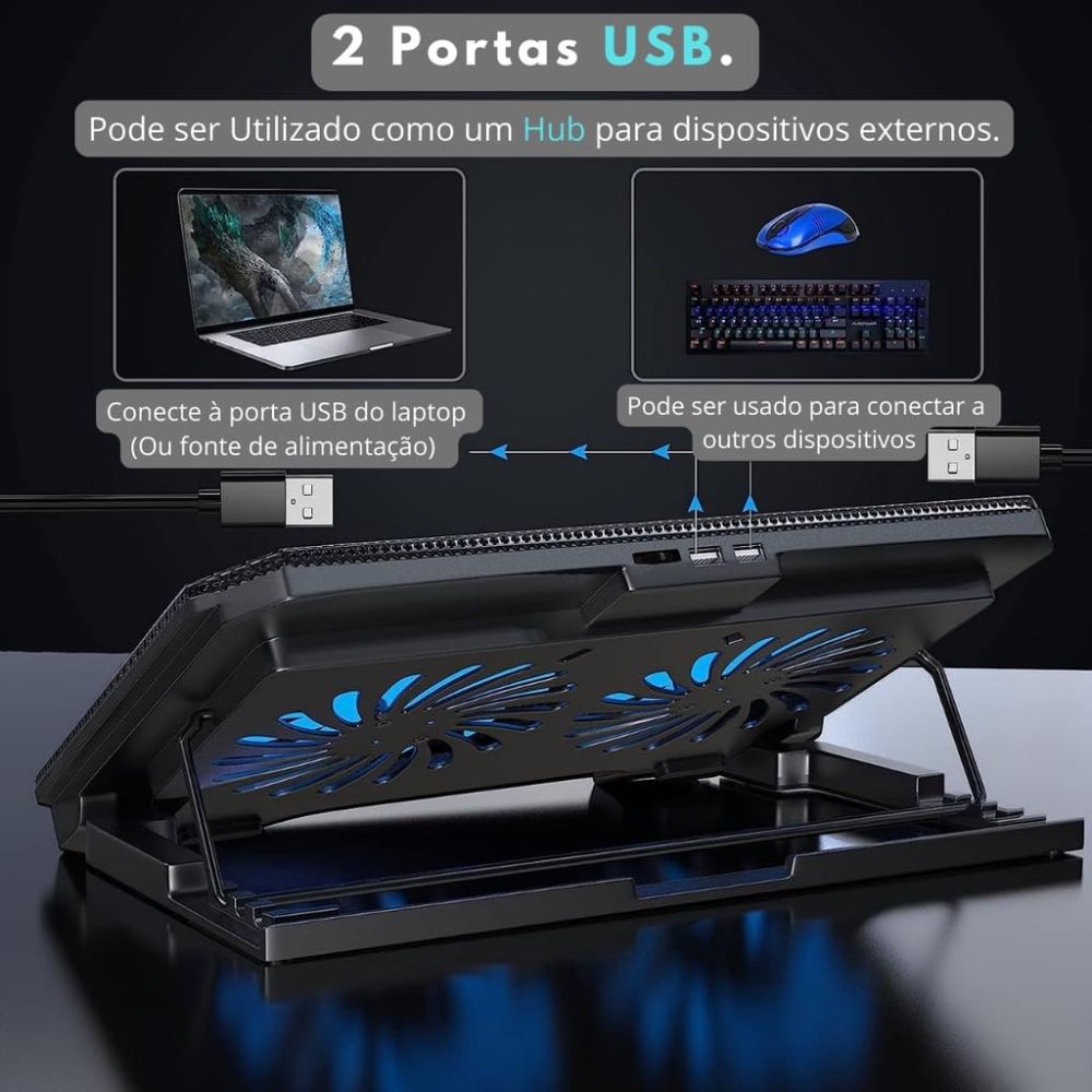Base Cooler Notebook 2 Ventoinhas Led Ajustável Usb 12 a 17 Polegadas - Imagem 6