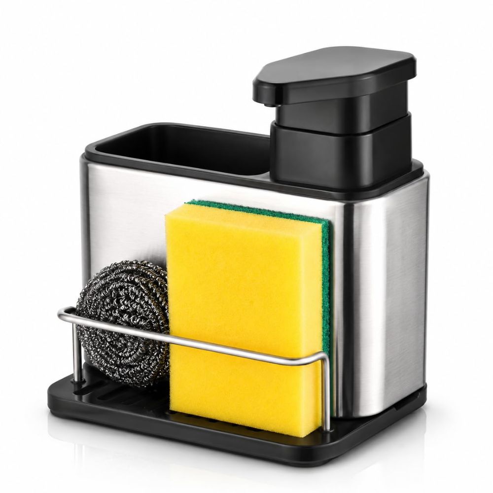 Dispenser de Detergente 3 em 1 Aço Inox Porta Esponja Escorredor Compacto - Imagem 5