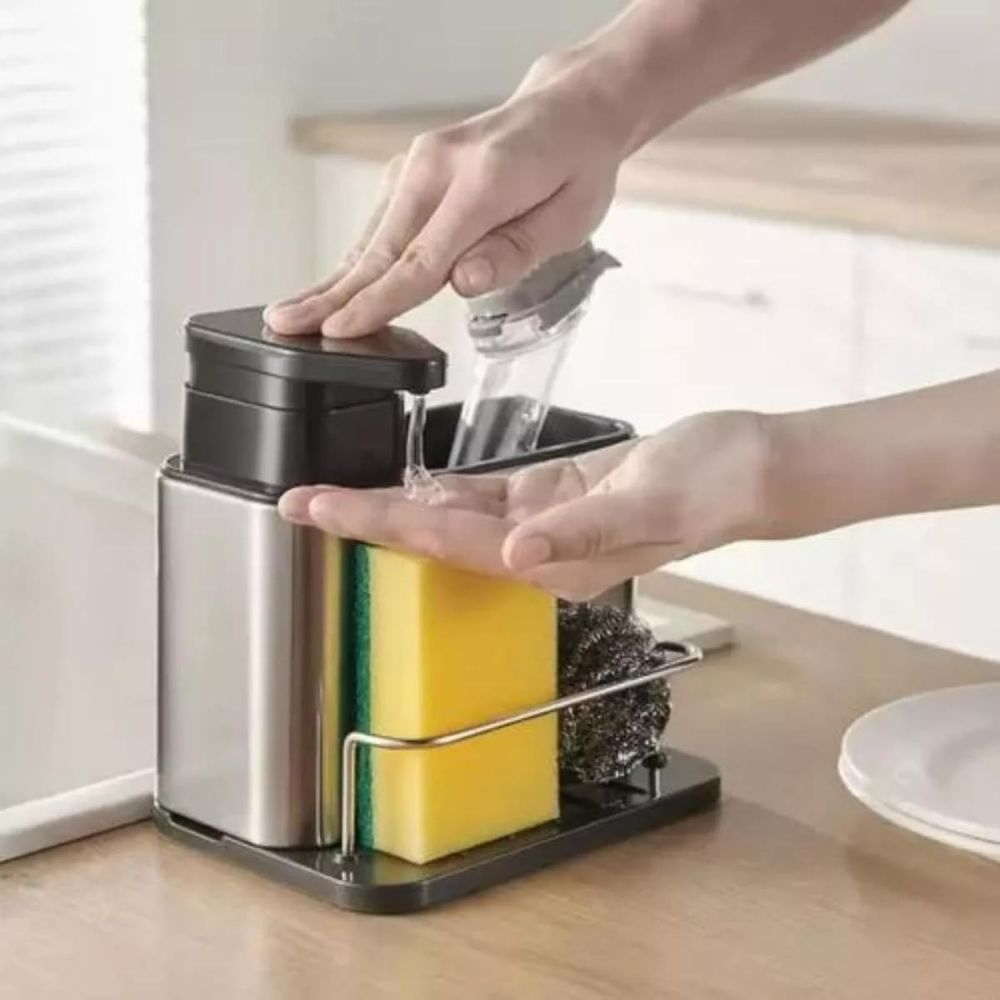 Dispenser de Detergente 3 em 1 Aço Inox Porta Esponja Escorredor Compacto - Imagem 6