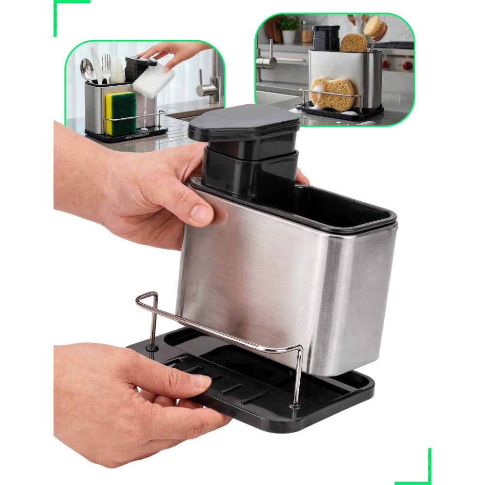 Dispenser de Detergente 3 em 1 Aço Inox Porta Esponja Escorredor Compacto - Imagem 7