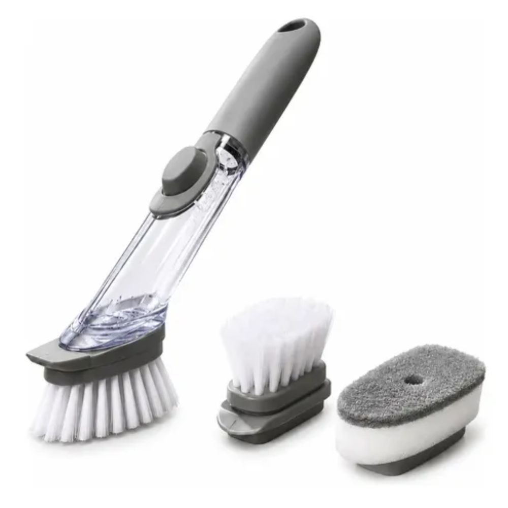 Escova Lava Louça Dispenser Detergente 2 em 1 Esponja Cozinha 150ml Cinza - Imagem 5