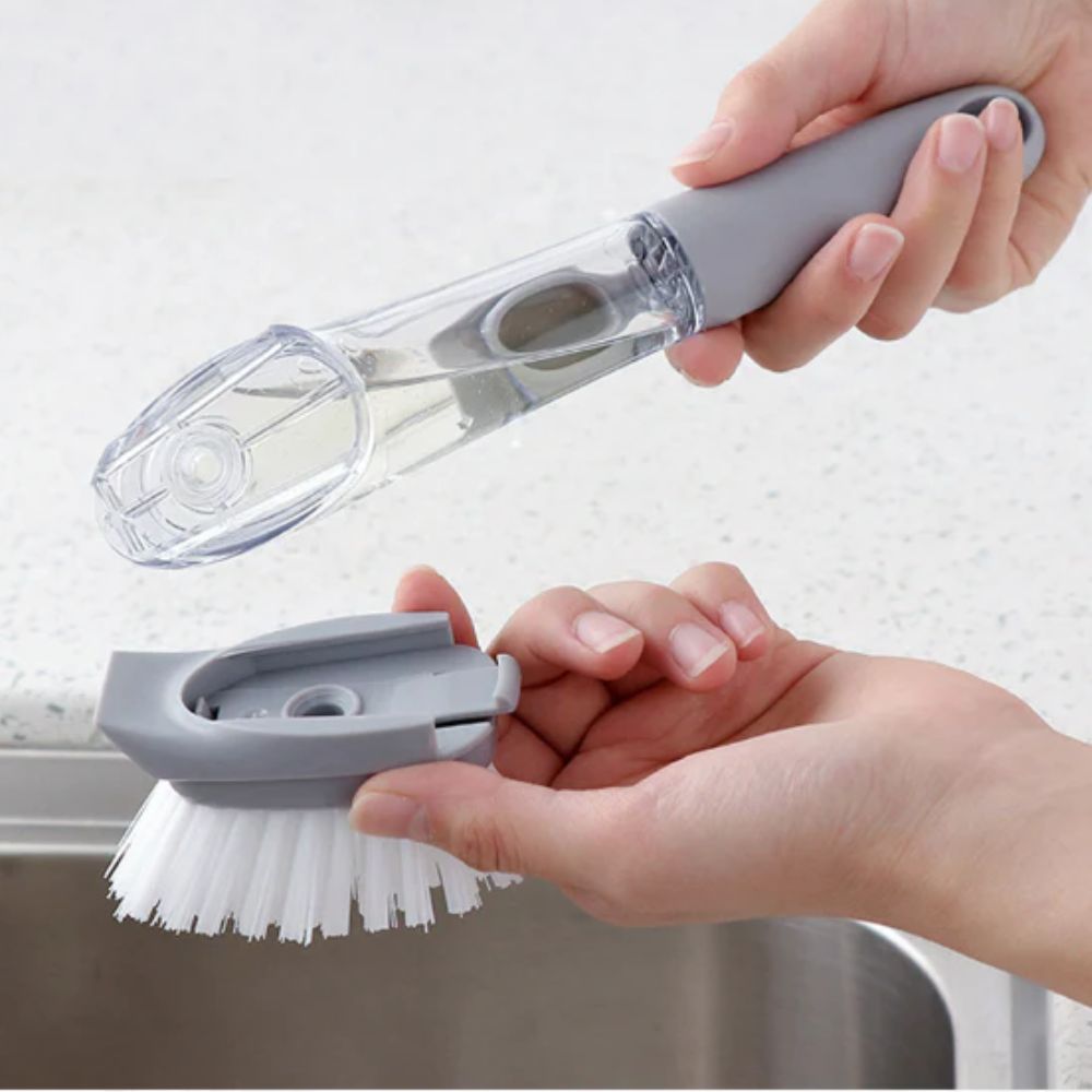 Escova Lava Louça Dispenser Detergente 2 em 1 Esponja Cozinha 150ml Cinza - Imagem 6