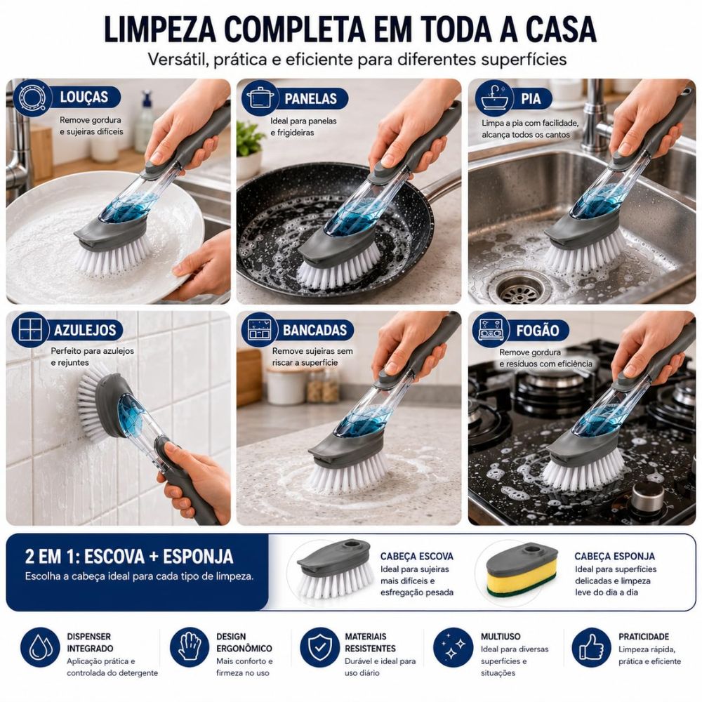 Escova Lava Louça Dispenser Detergente 2 em 1 Esponja Cozinha 150ml Cinza - Imagem 8