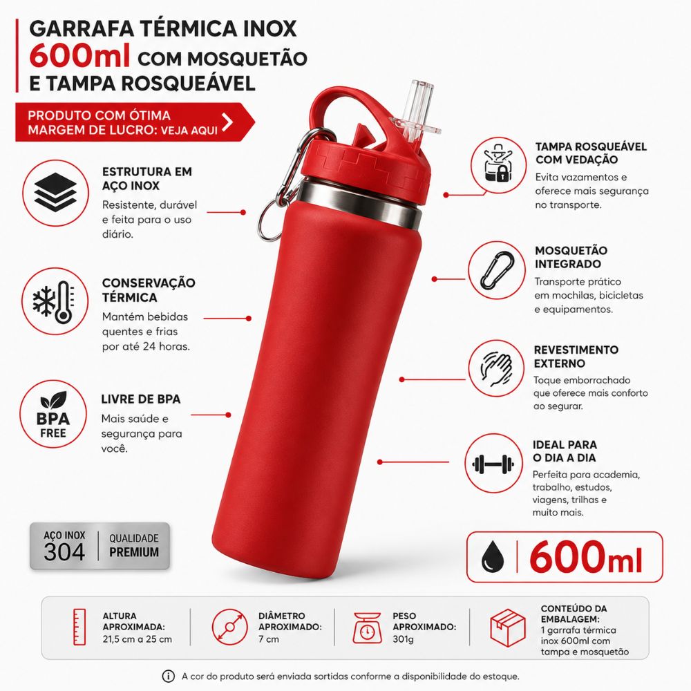 Garrafa Térmica Inox 600ml Parede Dupla Mosquetão Tampa Rosqueável Compacta - Imagem 8