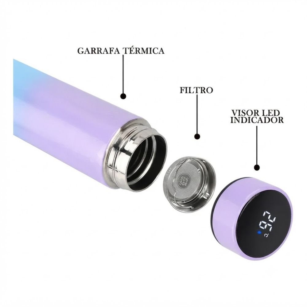 Garrafa Térmica Inteligente 500ml Tie Dye Termômetro Digital Led Colorida - Imagem 7