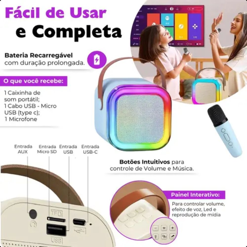 Caixa de Som Karaokê Bluetooth 2 Microfone sem Fio Led Portátil Recarregáveis - Imagem 4