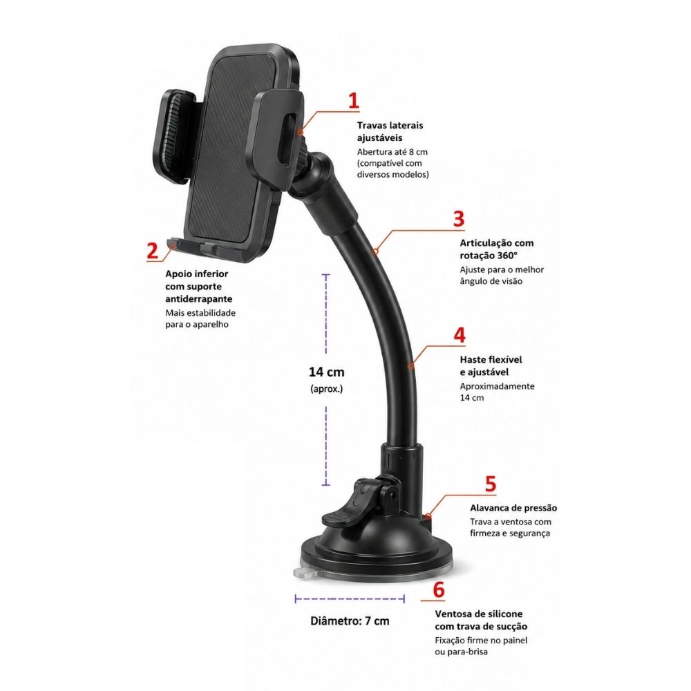 Suporte de Celular para Carro Veicular com Ventosa Forte Vidro Universal - Imagem 5